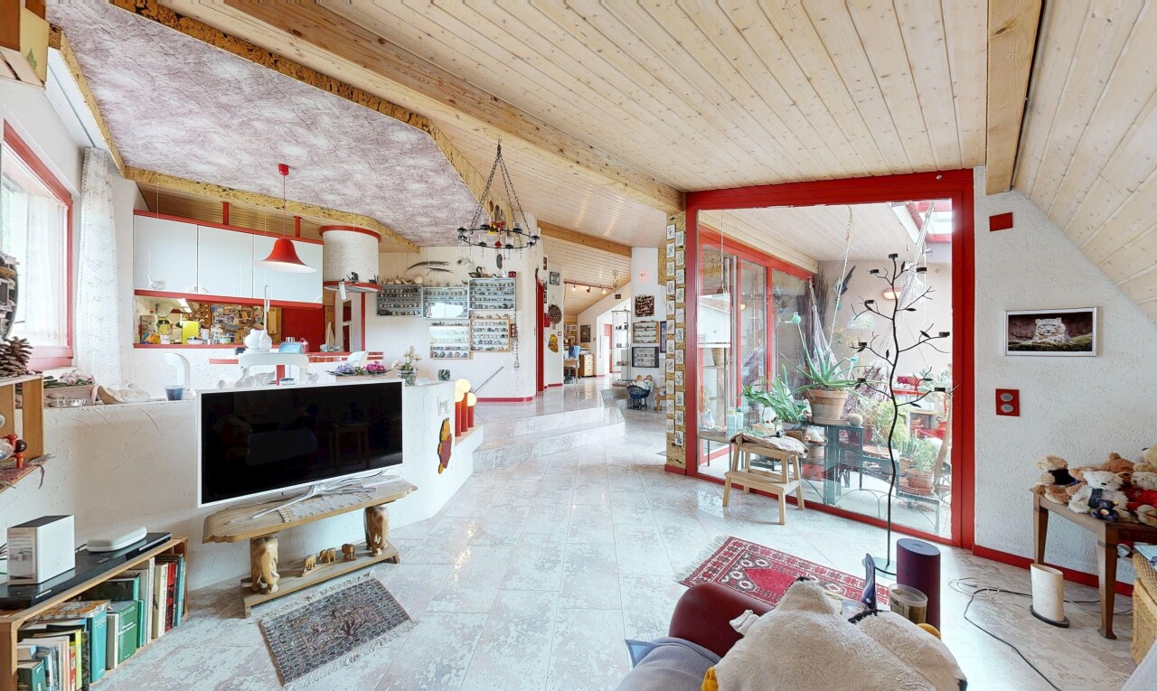 salon avec inside property, télévision, plafond voûté, vaulted ceiling, et plafond en bois