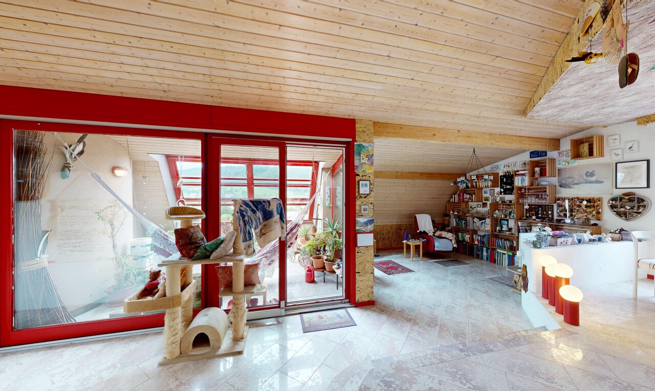 espace intérieur avec lumière naturelle, natural light, inside property, plafond en bois, et wood ceiling