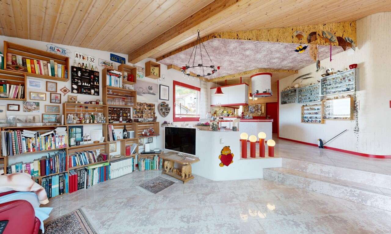 salon avec inside property, plafond en bois, wood ceiling, cloison sèche, et drywall