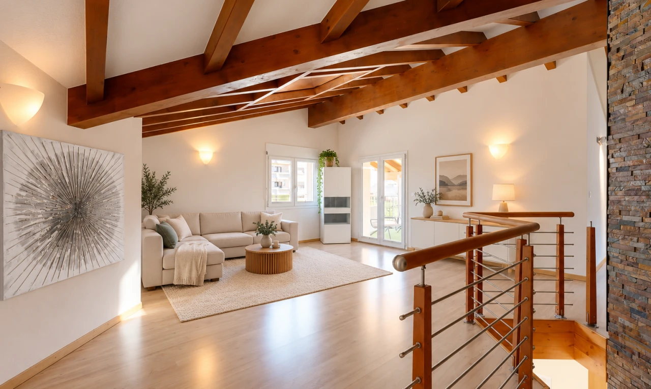 salon avec vaulted ceiling, plafond voûté, beamed ceiling, plafond à poutres, et high end ceiling