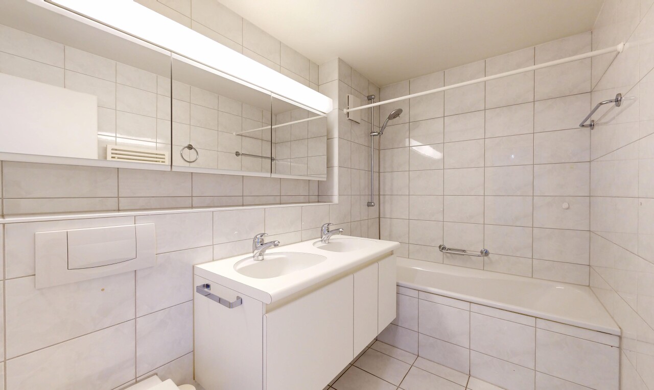 bad mit tile wall, fliesenwand, doppelwaschtisch, komplettes badezimmer, und waschbecken