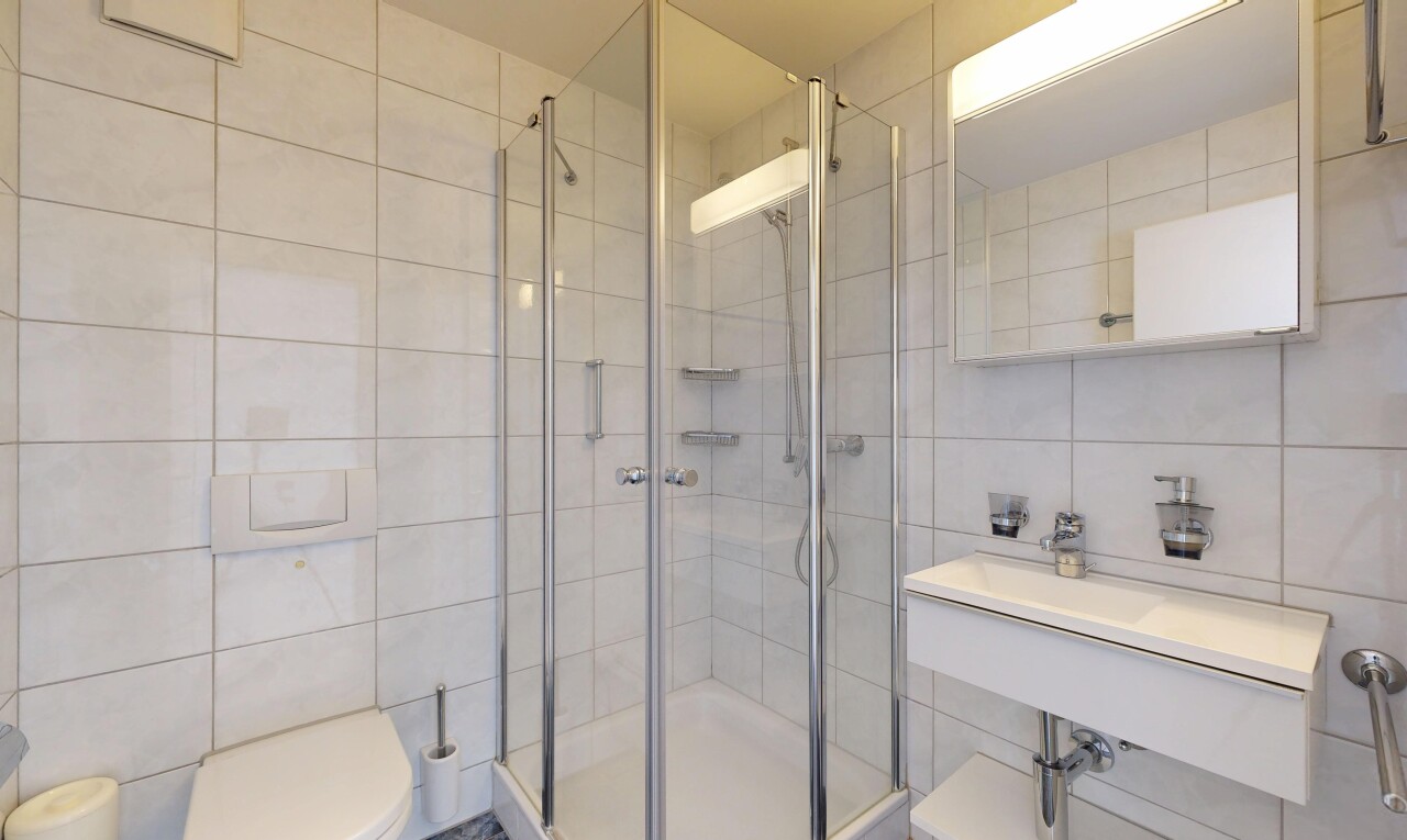 bad mit fliesenwand, tile wall, spiegel, komplettes badezimmer, und dusche