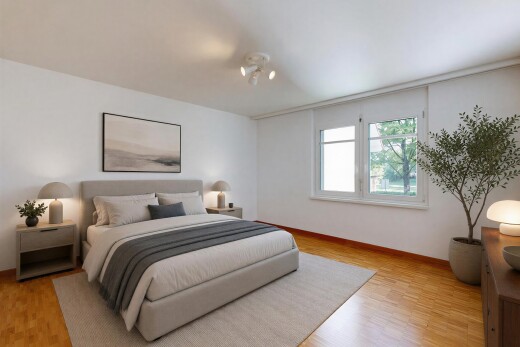 chambre avec wood finish floor, sol en finition bois, drywall, cloison sèche, et virtually staged