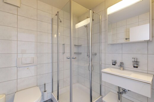 bad mit fliesenwand, tile wall, spiegel, komplettes badezimmer, und dusche