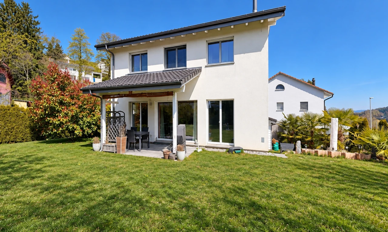 façade avec property visible, terrasse, pelouse, from property, et bardage en stuc