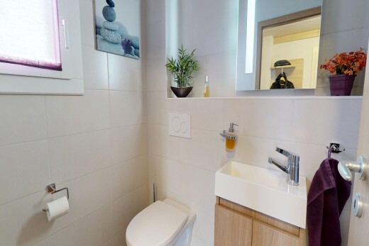 salle de bains avec lavabo (ou coiffeuse selon le contexte), miroir, toilette, mur en carrelage, et tile wall