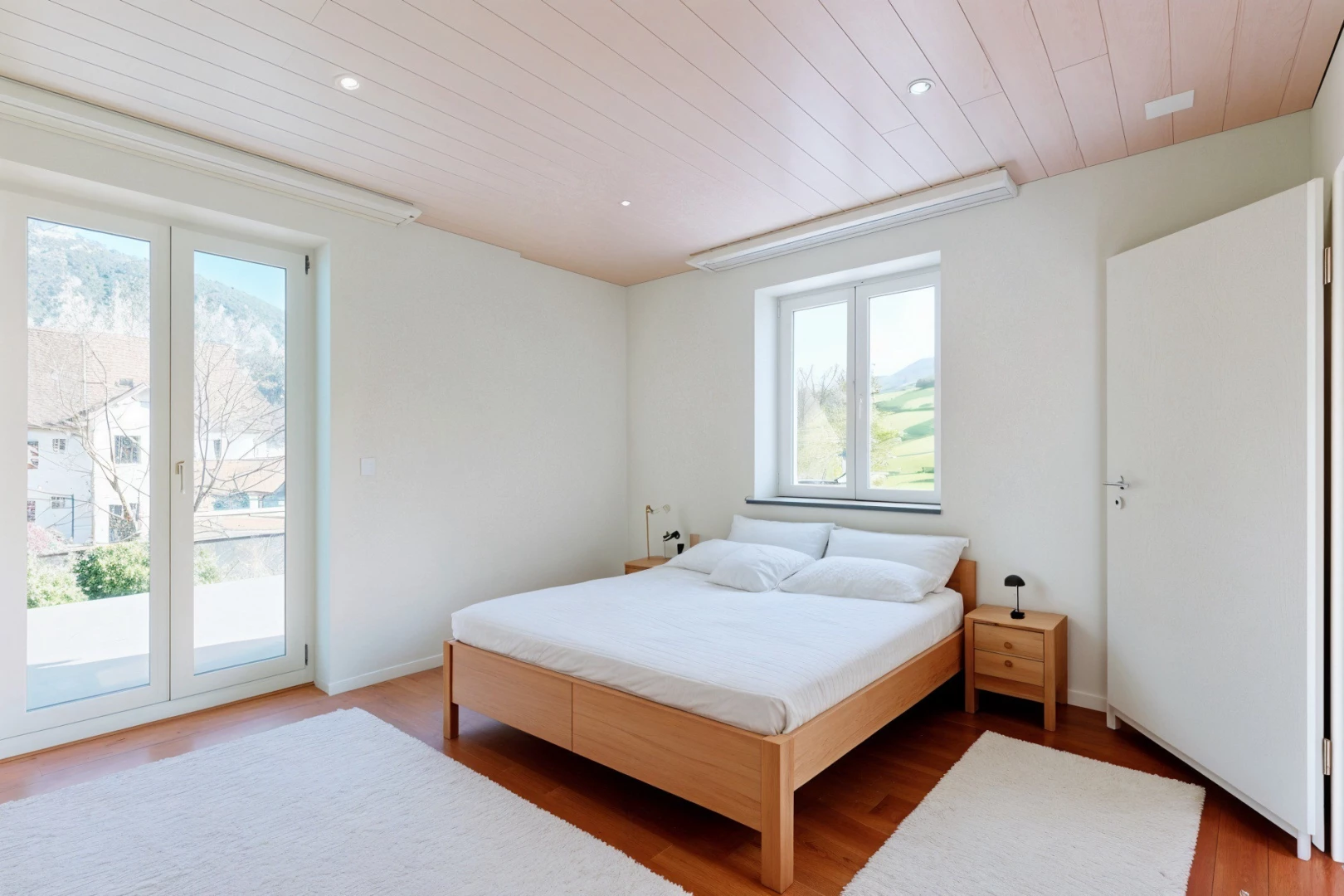 chambre avec plafond de bois, lumière naturelle, plancher de bois, et accès à l'extérieur
