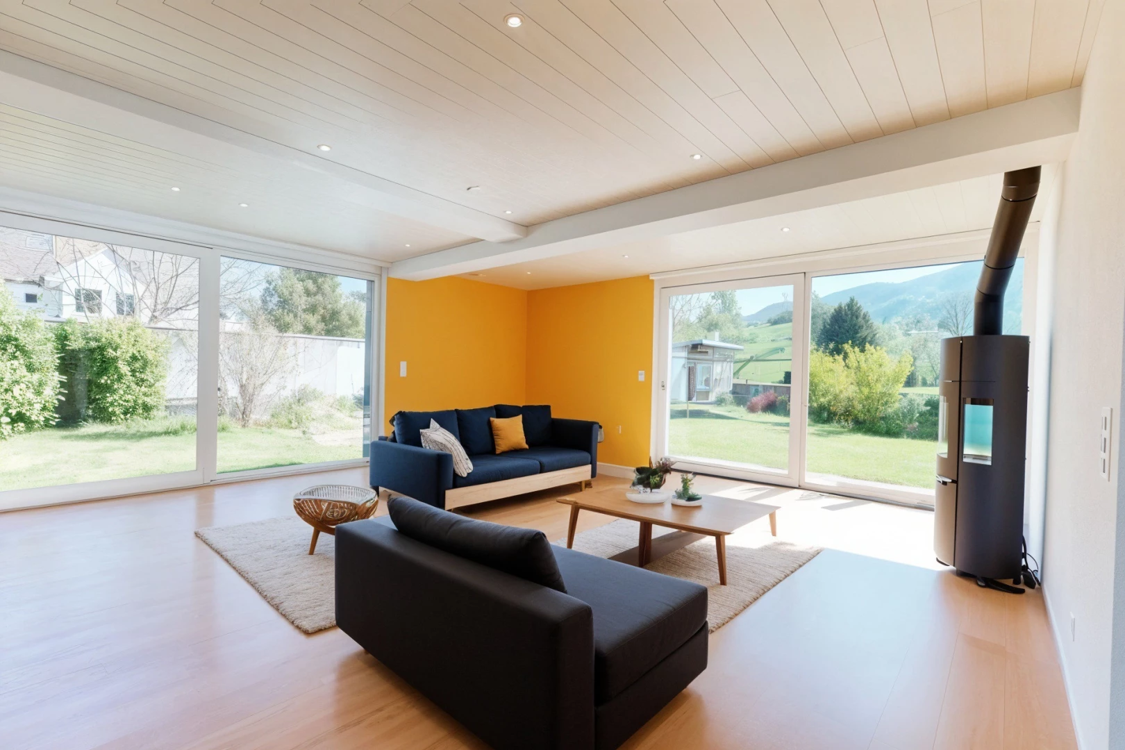salon avec lumière naturelle et plancher de bois