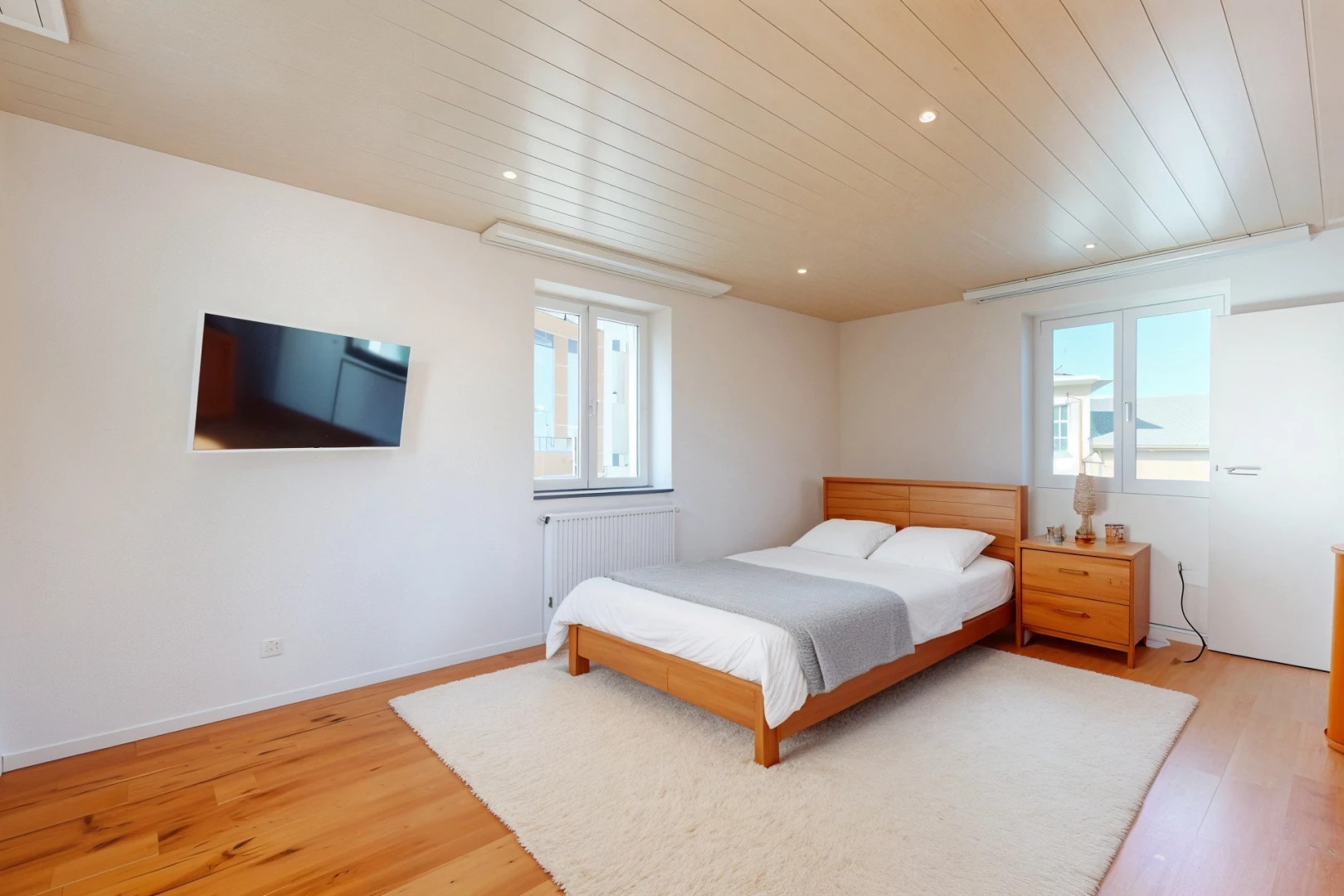 chambre avec lumière naturelle, plancher de bois, et télévision