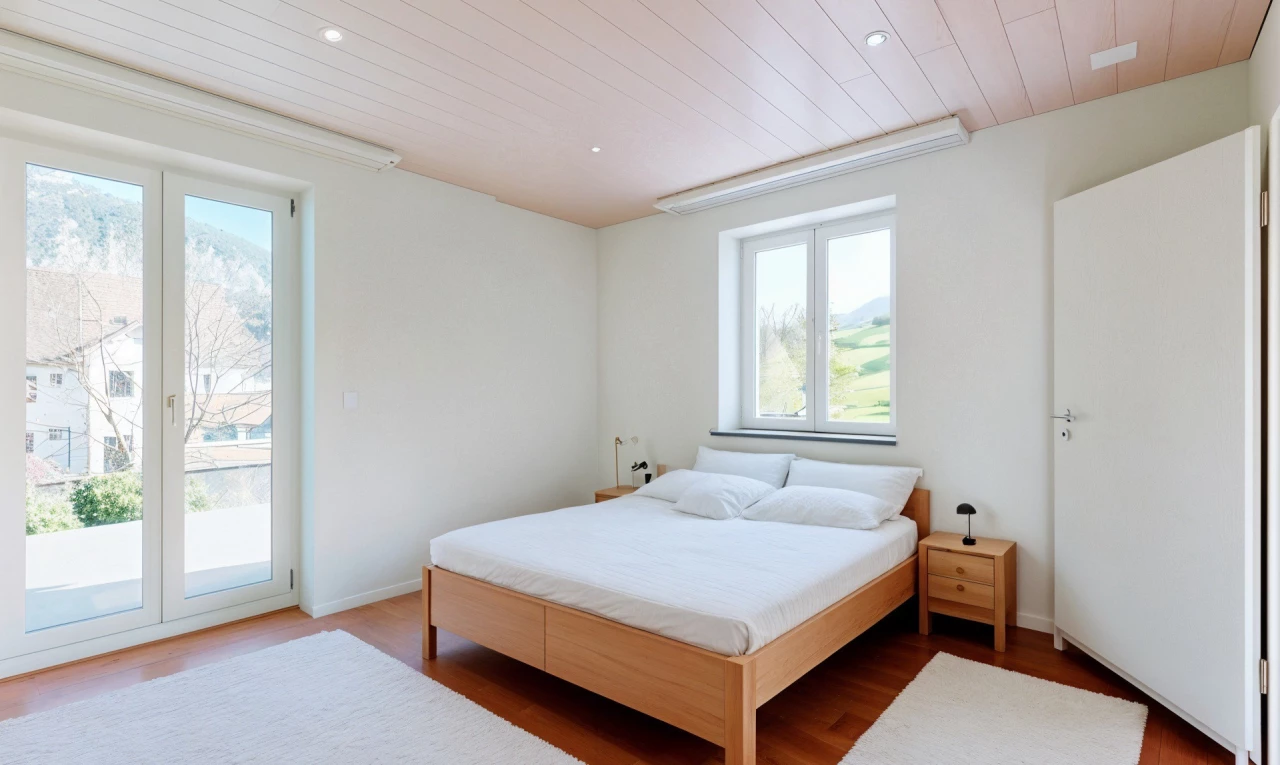 chambre avec plafond de bois, lumière naturelle, plancher de bois, et accès à l'extérieur