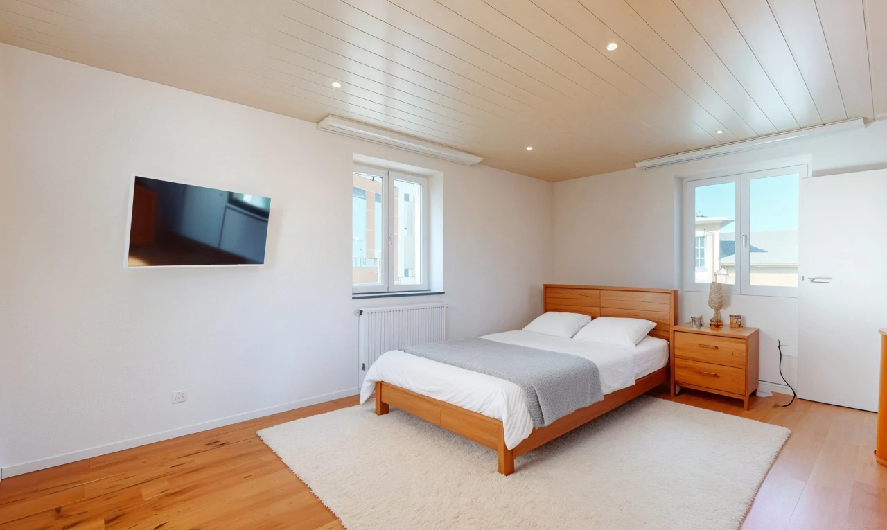 chambre avec lumière naturelle, plancher de bois, et télévision