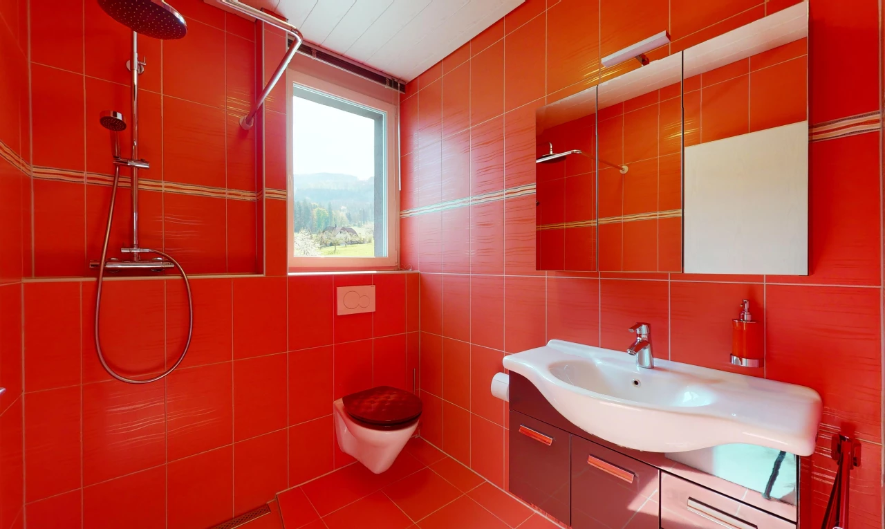 salle de bain avec mur carrelé, miroir, douche, meuble-lavabo, et lumière naturelle
