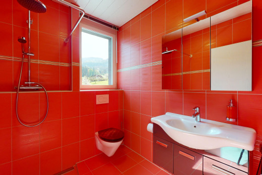 salle de bain avec mur carrelé, miroir, douche, meuble-lavabo, et lumière naturelle