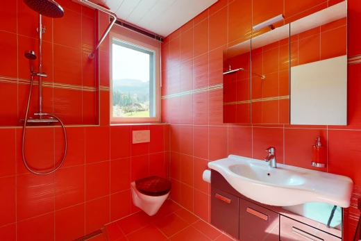 salle de bain avec mur carrelé, miroir, douche, meuble-lavabo, et lumière naturelle