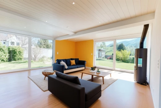 salon avec lumière naturelle et plancher de bois