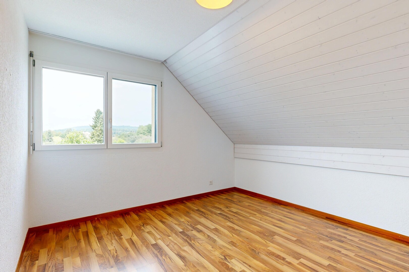leerer raum mit baseboards wall, sockelleisten, wood finish floor, holzfußboden, und vaulted ceiling