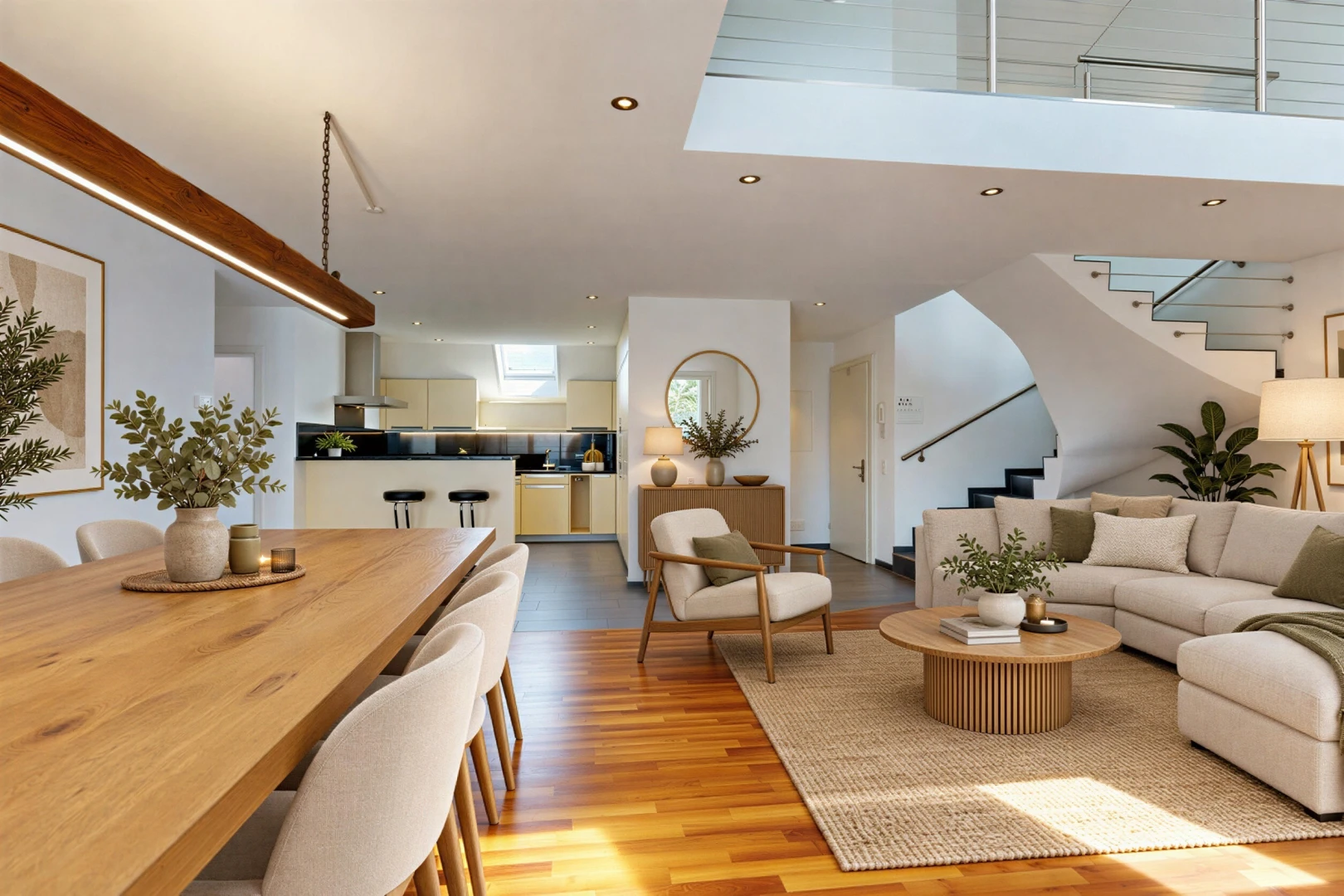 wohn- / esszimmer mit treppen, einbauleuchten, virtually staged, drywall, und gipskartonwand