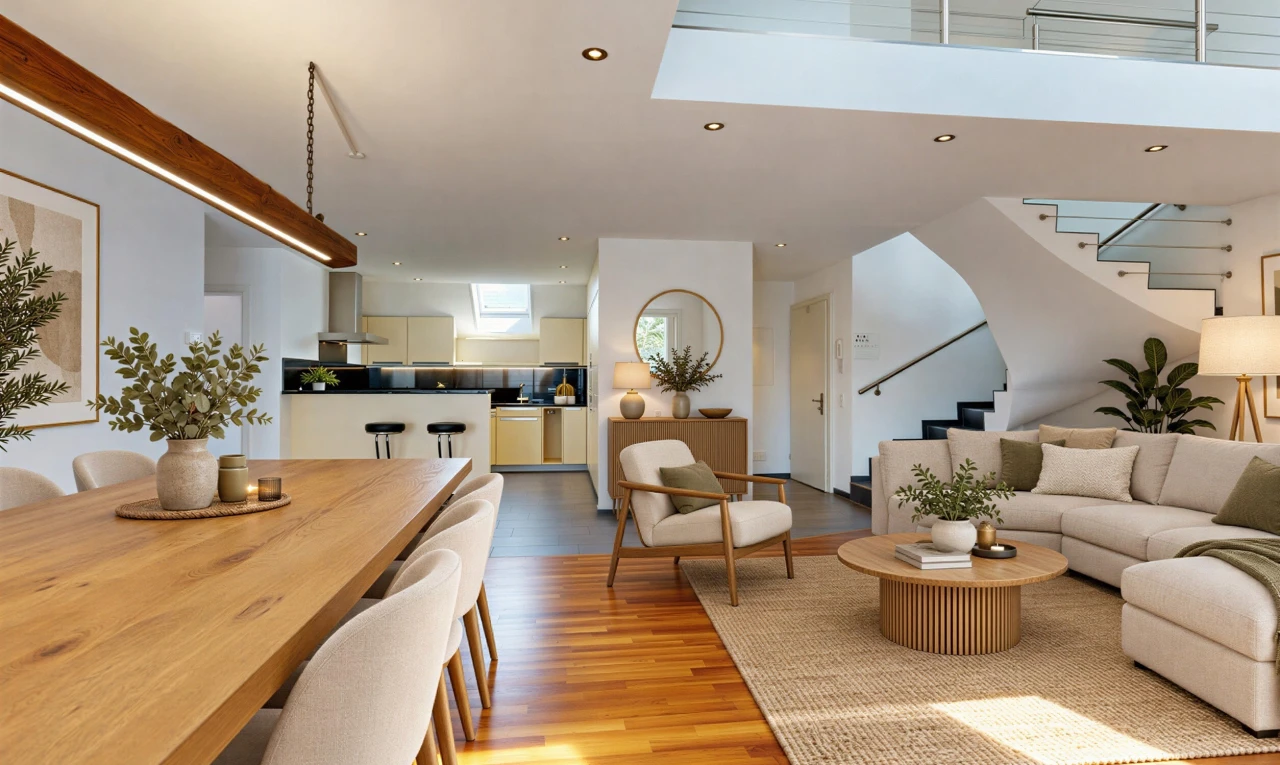 küche mit opens to living area, öffnet sich zum wohnraum, drywall, gipskartonwand, und wood finish floor