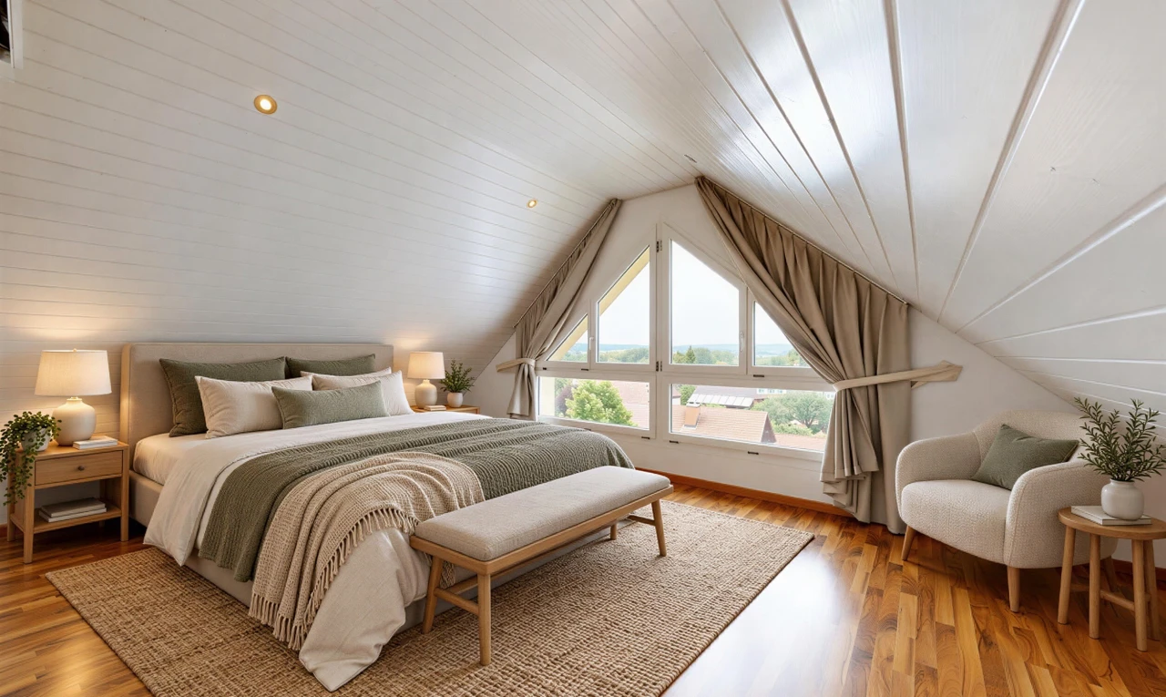 leerer raum mit niedrige decke, low ceiling, dachschräge, vaulted ceiling, und holzfußboden