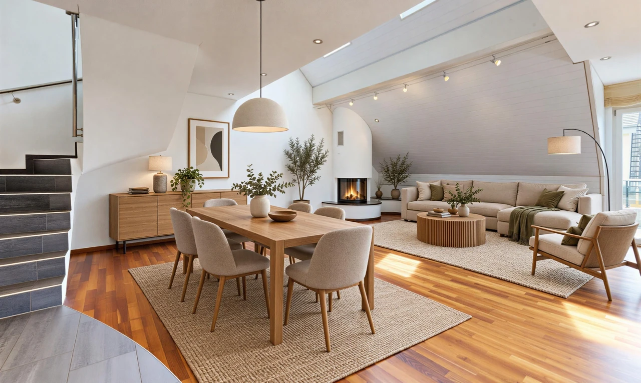 wohn- / esszimmer mit treppen, pendelleuchte, holzfußboden, wood finish floor, und kamin