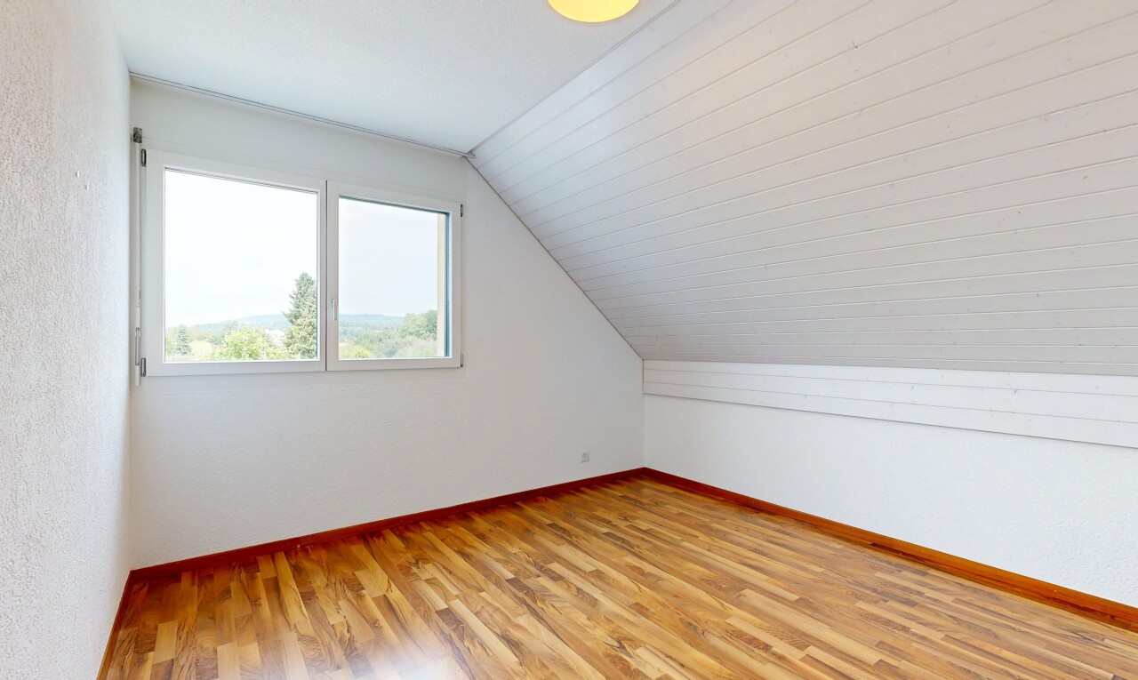 leerer raum mit baseboards wall, sockelleisten, wood finish floor, holzfußboden, und vaulted ceiling