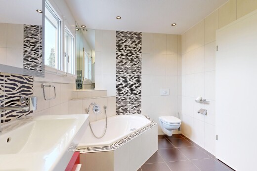 bad mit spiegel, komplettes badezimmer, tile wall, fliesenwand, und bad