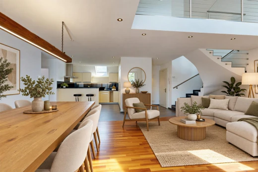 wohn- / esszimmer mit treppen, einbauleuchten, virtually staged, drywall, und gipskartonwand