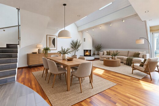 living area with decorative light fixtures, wood finished floors, a warm lit fireplace, and lofted ceiling