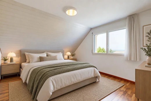 zimmer / schlafzimmer mit zusätzliches zimmer, vaulted ceiling, dachschräge, wood finish floor, und holzfußboden