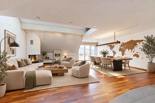 living area featuring recessed lighting, a warm lit fireplace, wood finished floors, and access to exterior