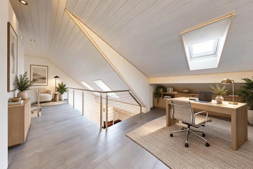 leerer raum mit inside property, dachfenster, holzfußboden, wood finish floor, und holzdecke