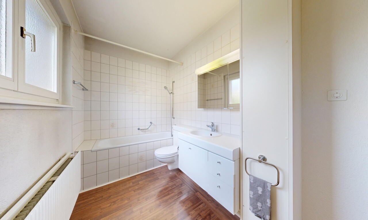 bad mit spiegel, schminktisch, holzfußboden, wood finish floor, und komplettes badezimmer