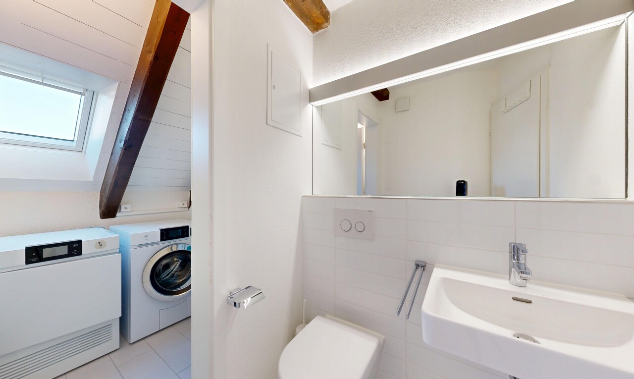 bad mit waschbecken, inside property, balkendecke, beamed ceiling, und tumbler