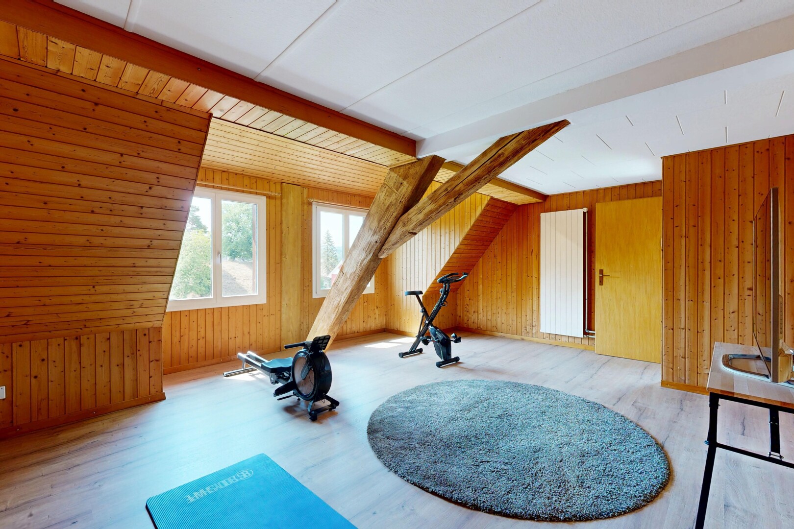 fitnessstudio mit holzwand, wood wall, holzfußboden, wood finish floor, und inside property