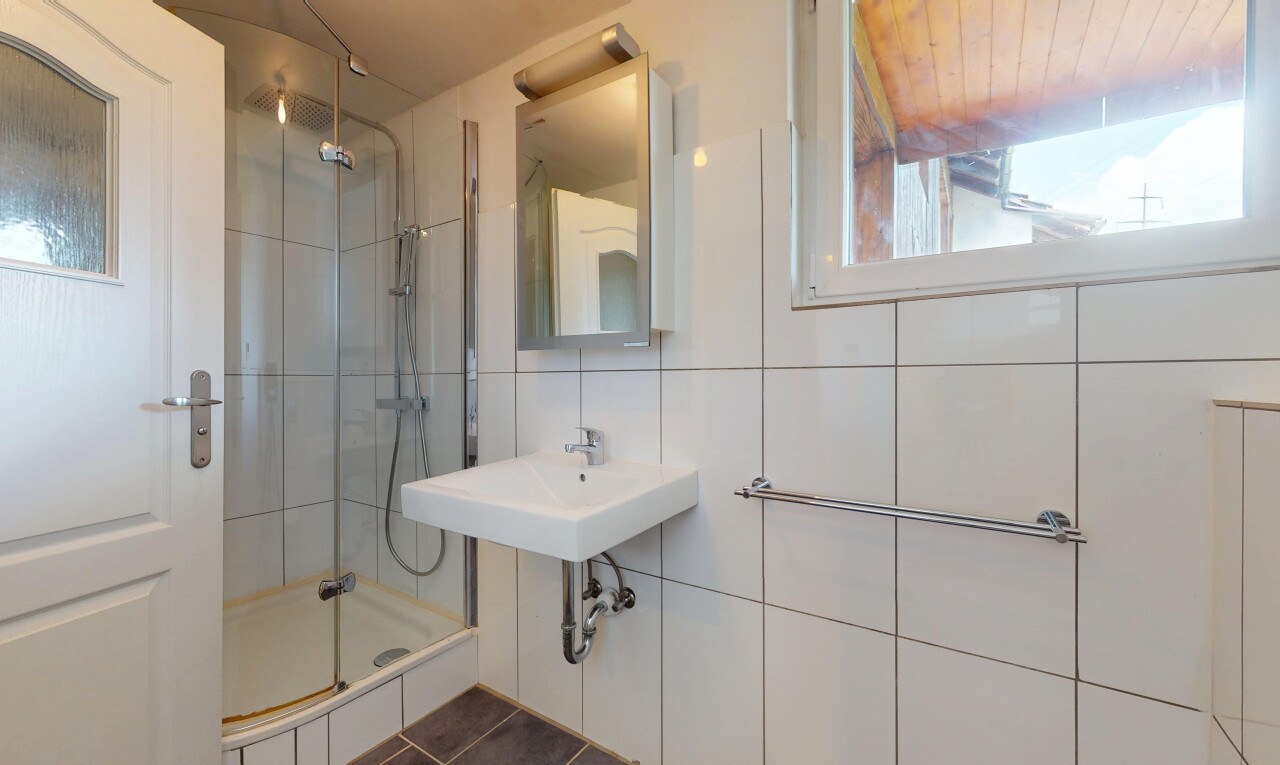 salle de bains avec douche, tile shower, lumière naturelle, natural light, et miroir