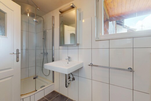 salle de bains avec douche, tile shower, lumière naturelle, natural light, et miroir