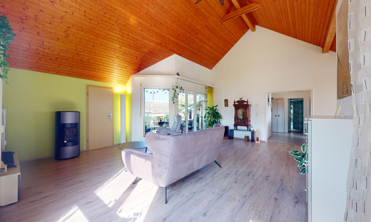 salon avec plafond en bois, wood ceiling, inside property, plafond voûté, et vaulted ceiling