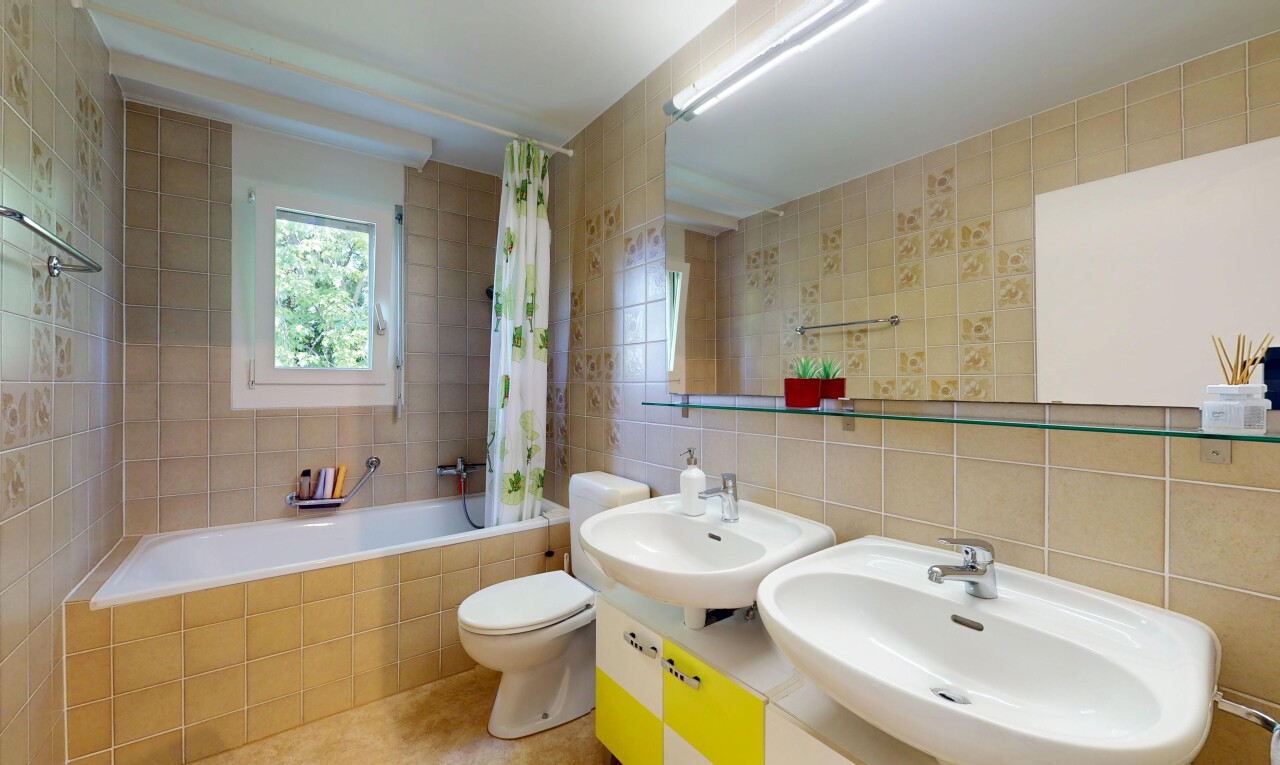salle de bains avec évier, mur en carrelage, tile wall, inside property, et lumière naturelle