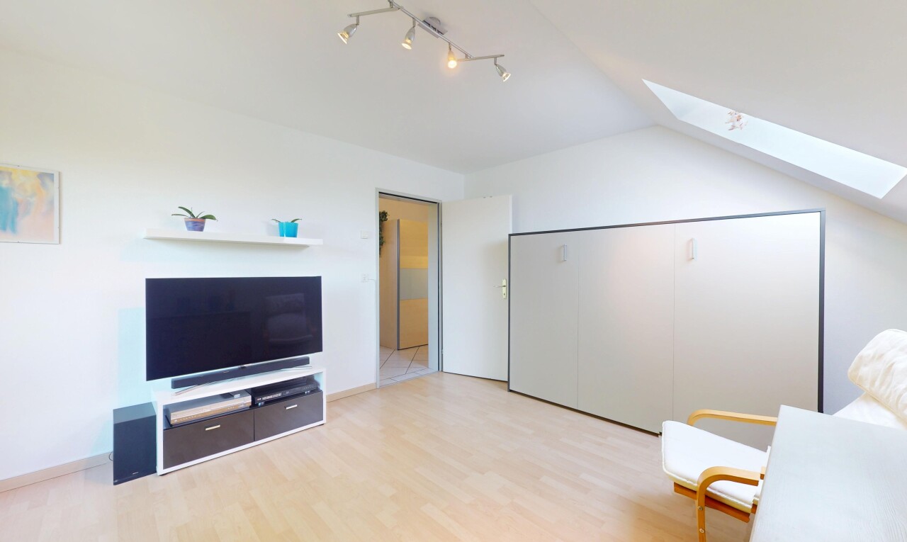 salon avec télévision, puits de lumière, inside property, sol en finition bois, et wood finish floor