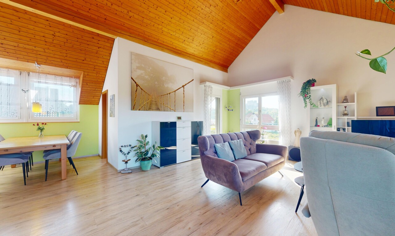 salon / salle à manger avec inside property, plafond en bois, wood ceiling, lumière naturelle, et natural light