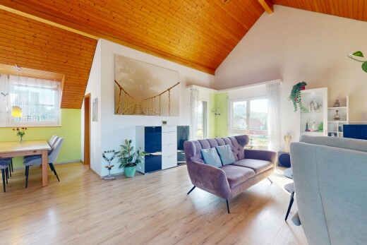 wohn- / esszimmer mit inside property, holzdecke, wood ceiling, natürliches licht, und natural light