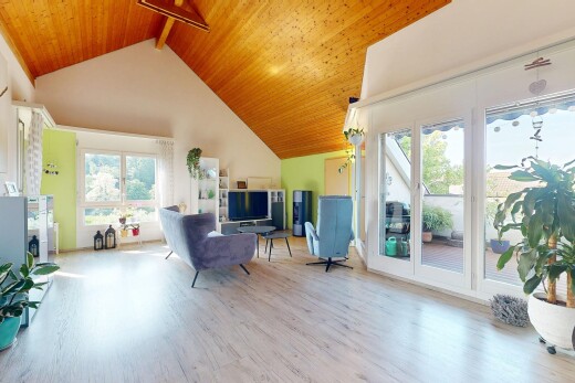 wohnzimmer mit fernseher, holzdecke, wood ceiling, inside property, und holzfußboden