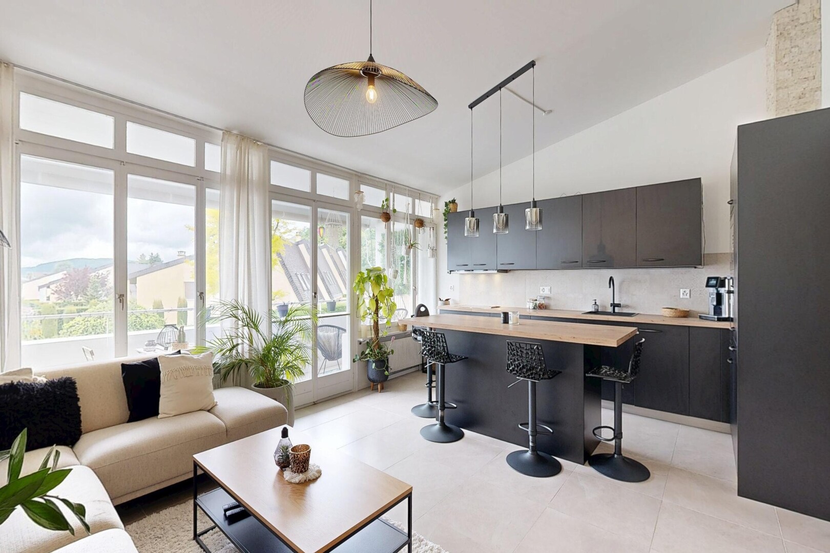 living area featuring lofted ceiling