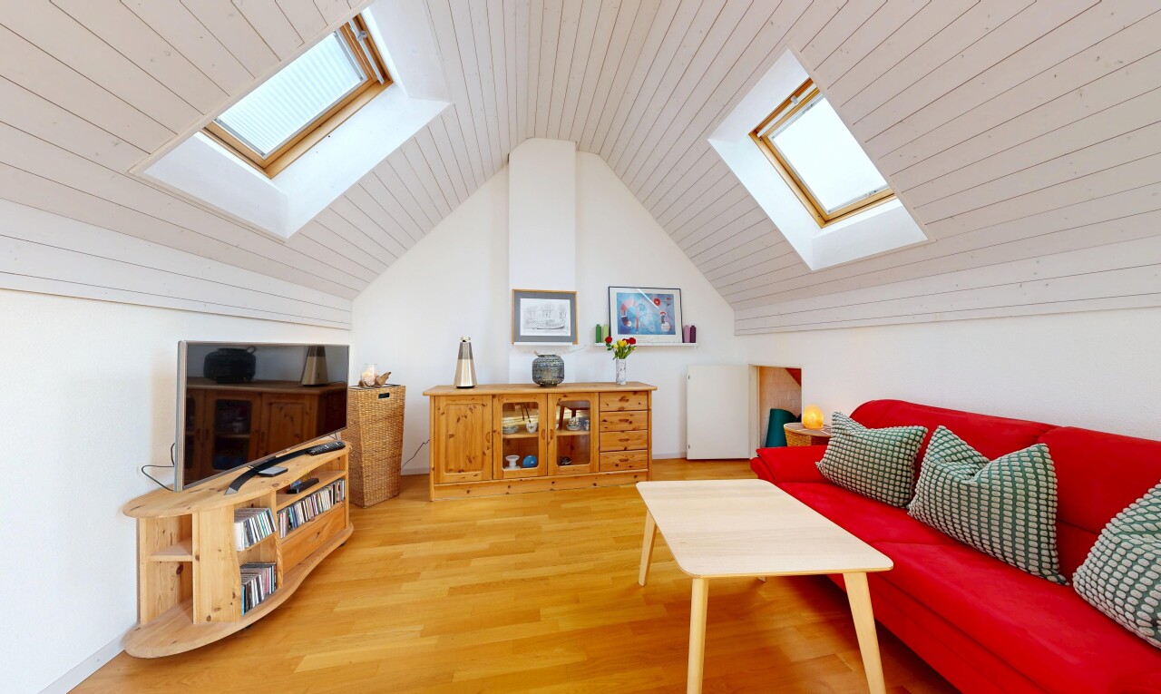 wohnzimmer mit dachfenster, zusätzliches zimmer, fernseher, wood finish floor, und holzfußboden