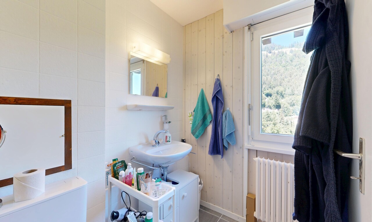 salle de bains avec miroir, lumière naturelle, natural light, inside property, et évier