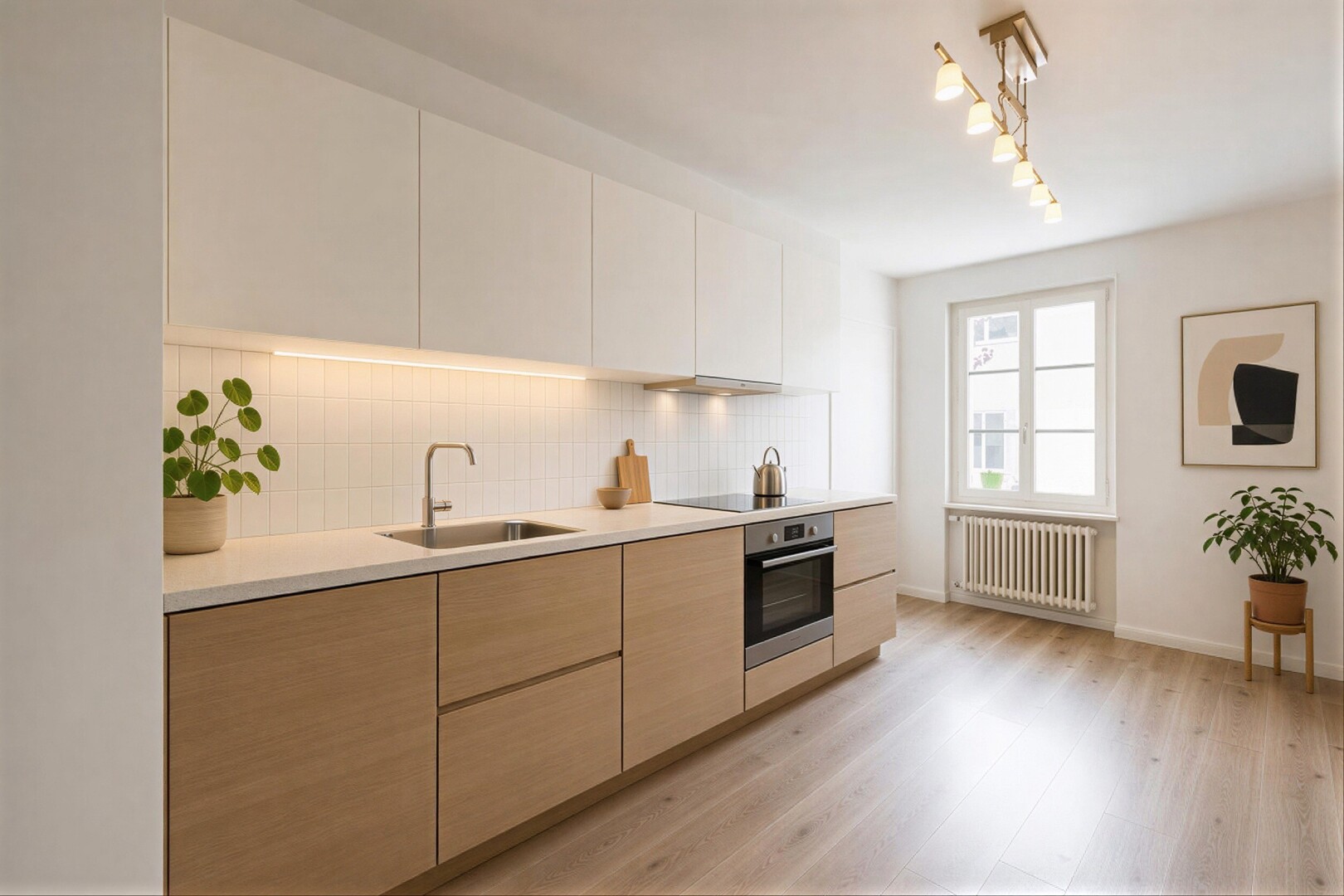 cuisine avec radiateur, dark countertops, plans de travail, lave-linge et sèche-linge, et light floor