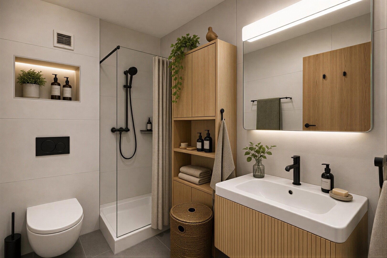 salle de bains avec tile wall, mur en carrelage, inside property, salle de bain complète, et miroir