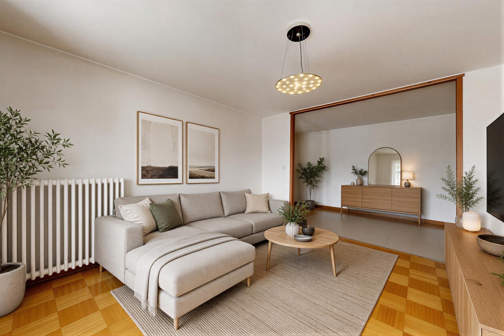 salon avec drywall, cloison sèche, inside property, parquet floor, et wood finish floor