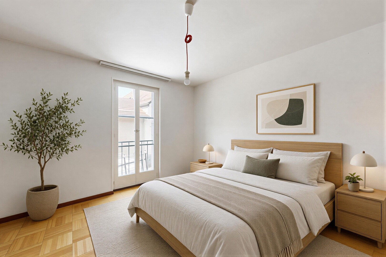 chambre avec cloison sèche, drywall, light floor, inside property, et accès à l'extérieur