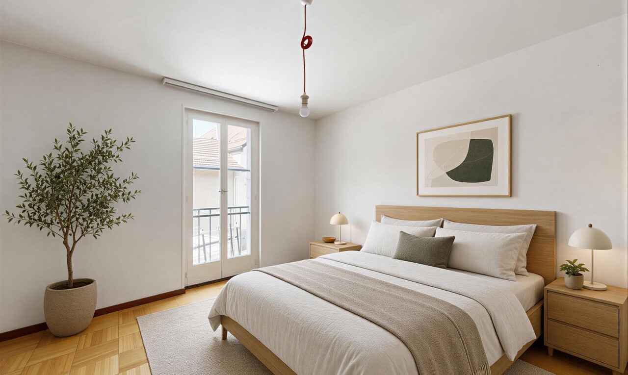 chambre avec cloison sèche, drywall, light floor, inside property, et accès à l'extérieur
